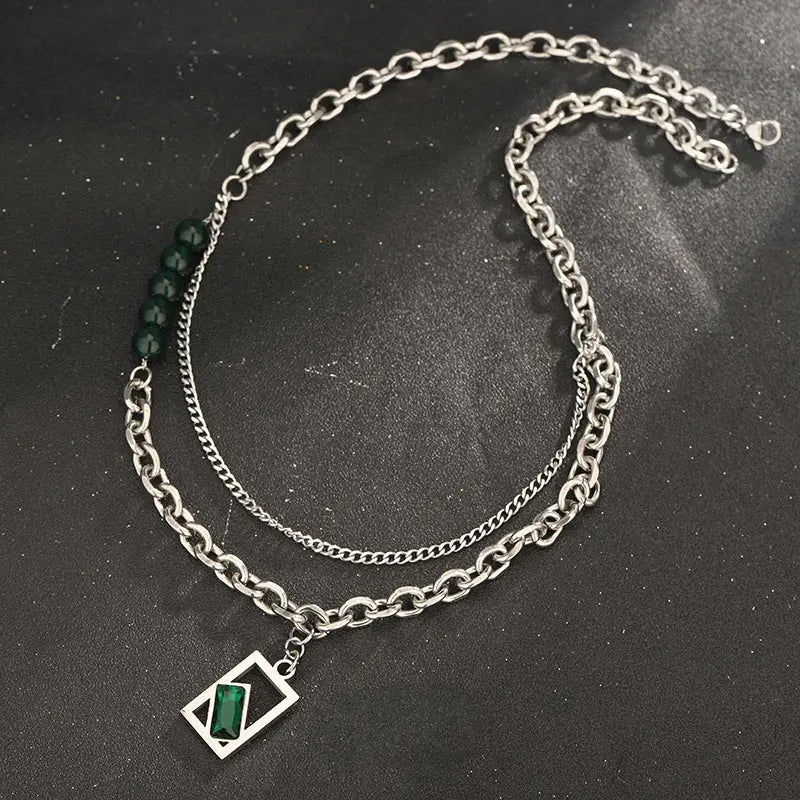 Verde Geometric Pendant Necklace with Layered Chain | Salty