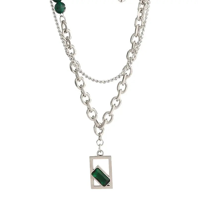 Verde Geometric Pendant Necklace with Layered Chain | Salty
