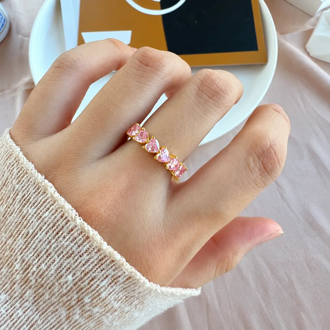 Vibrant Hearts Tennis Ring - (Gold-Pink) | Salty