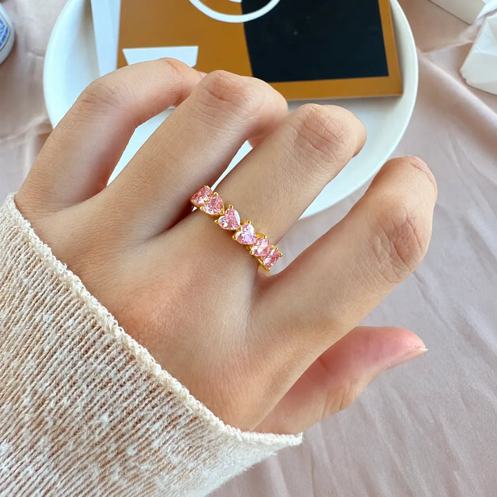 Vibrant Hearts Tennis Ring - (Gold-Pink) | Salty