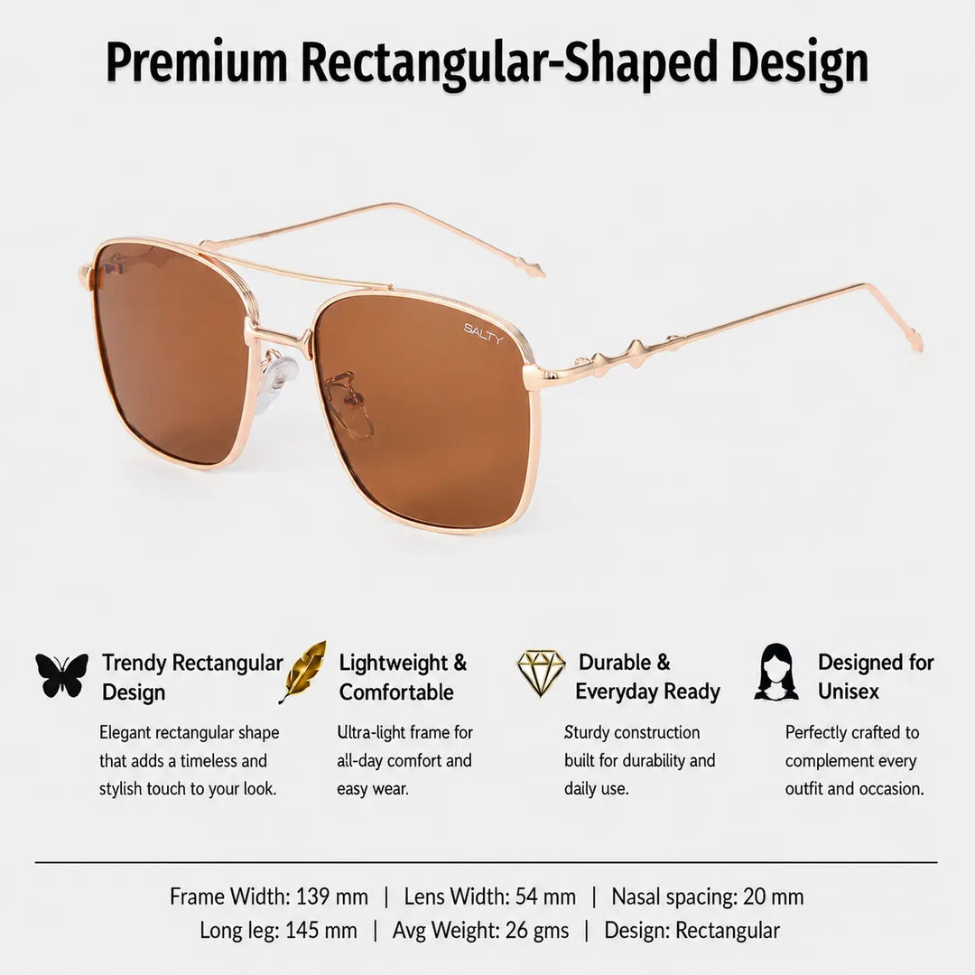Vision Rectangle Sunglasses For Men- (Gold-Brown) | Salty