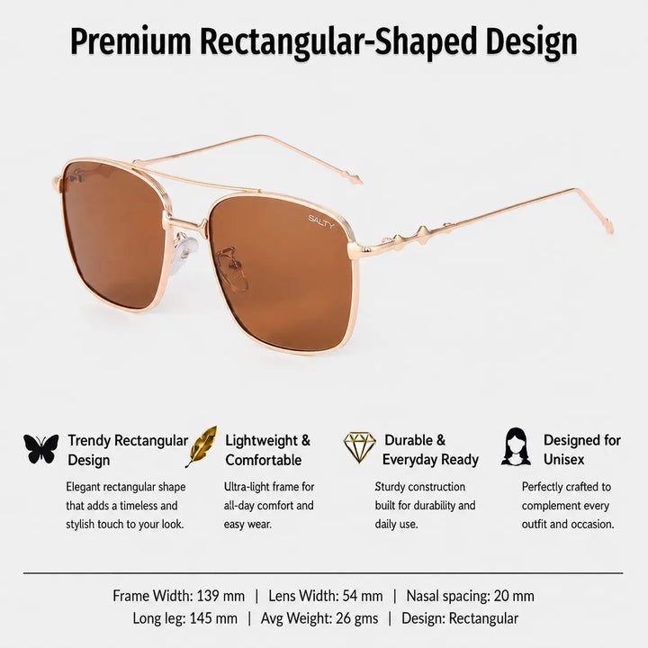 Vision Rectangle Sunglasses For Men- (Gold-Brown) | Salty