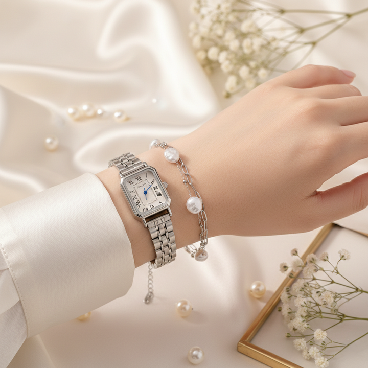 Silver Quartz Watch Bracelet Stack