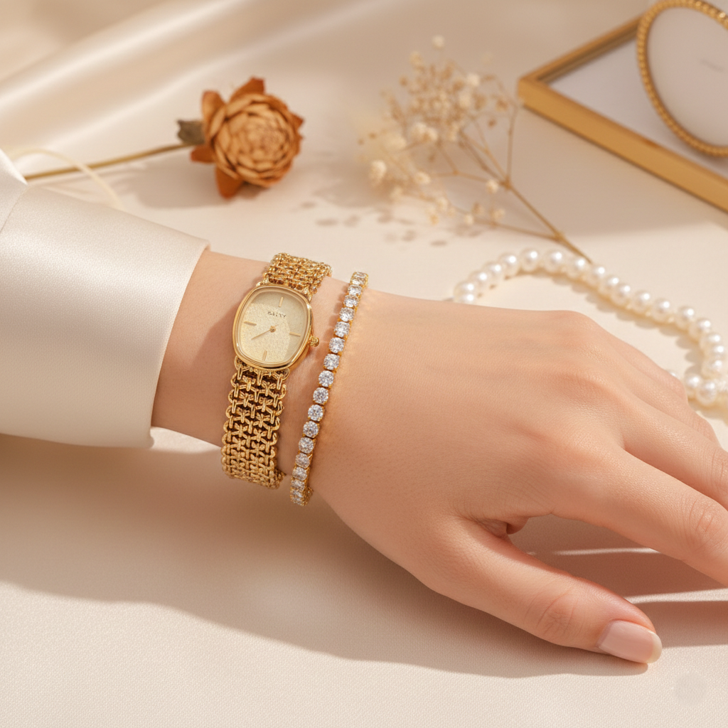 White Oval Watch Bracelet Stack