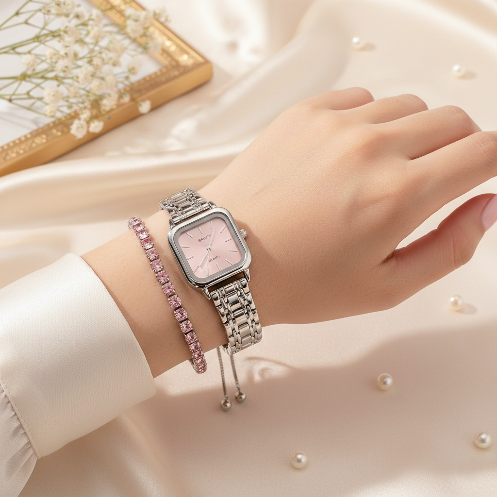 Peach Dial Watch Bracelet Stack