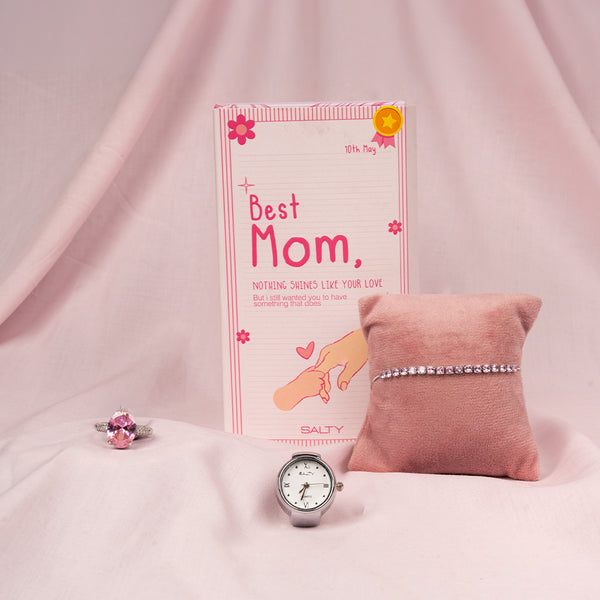 “Maa, Every Moment is Yours” – Radiance Oval Ring With Pink Tennis Bracelet & Girl Boss Salty Watch Ring Set For Mothers.
