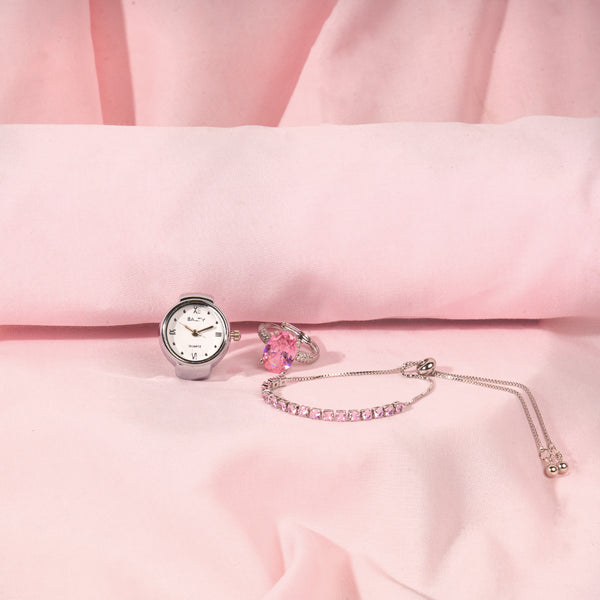“Maa, Every Moment is Yours” – Radiance Oval Ring With Pink Tennis Bracelet & Girl Boss Salty Watch Ring Set For Mothers.
