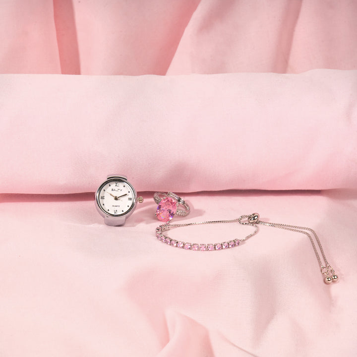 “Maa, Every Moment is Yours” – Radiance Oval Ring With Pink Tennis Bracelet & Girl Boss Salty Watch Ring Set For Mothers.
