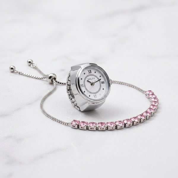 Aeri Pink Tennis Bracelet and Silver Watch Ring set for Mother