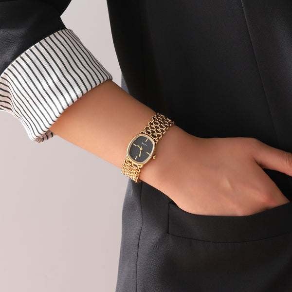 Oval Black Textured Dial Mesh Bracelet Watch for Women
