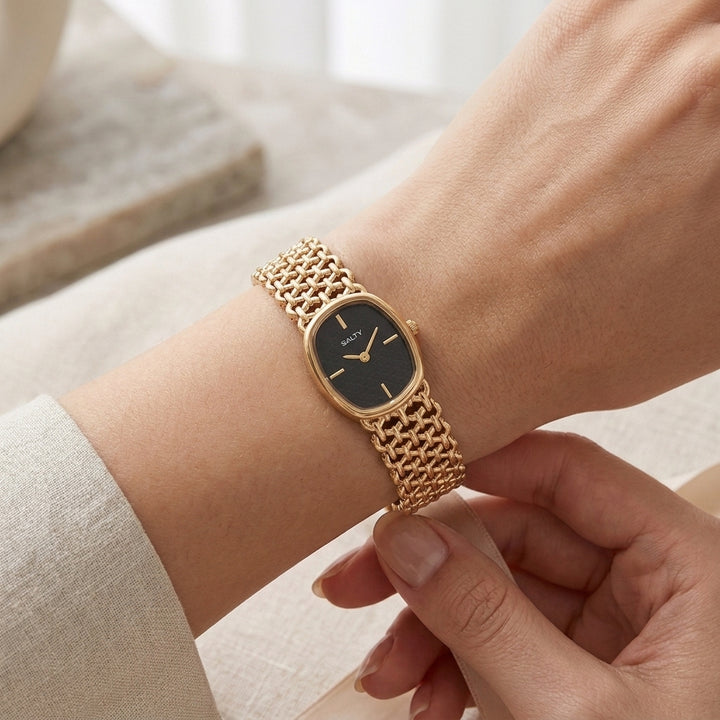 Oval Black Textured Dial Mesh Bracelet Watch for Women
