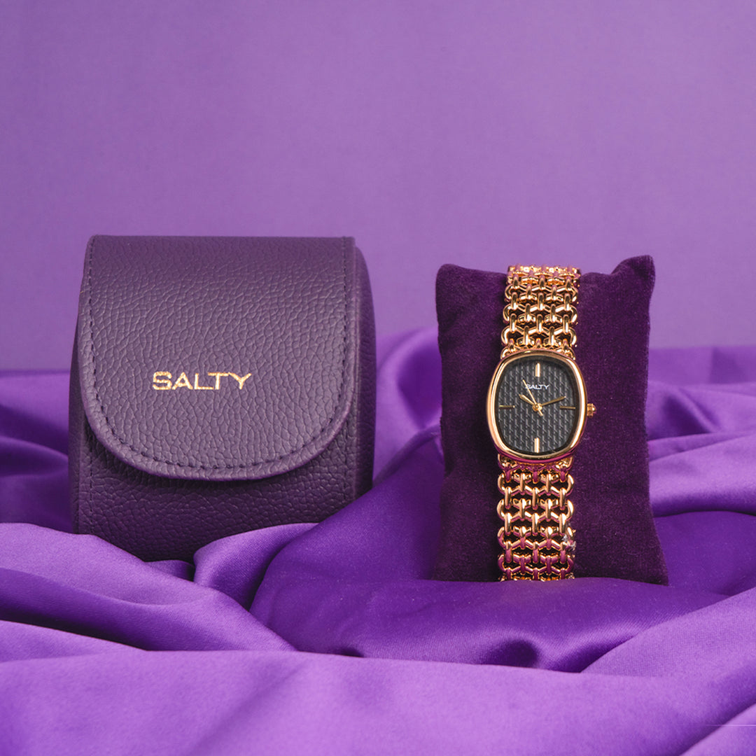 Oval Black Textured Dial Mesh Bracelet Watch for Women