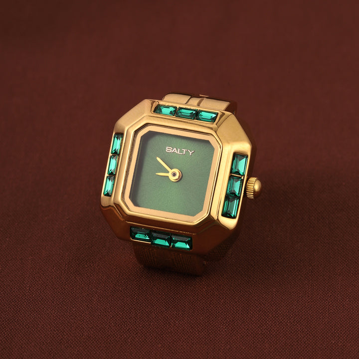 Sofia Prism Studded Octagon Watch Ring - Green