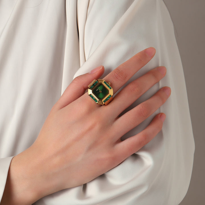 Sofia Prism Studded Octagon Watch Ring - Green
