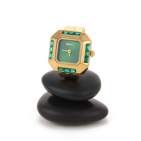 Sofia Prism Studded Octagon Watch Ring - Green