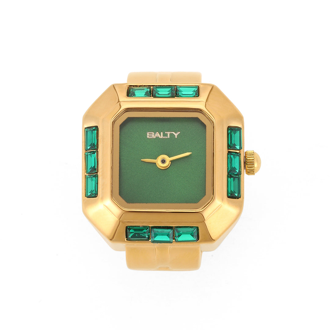 Sofia Prism Studded Octagon Watch Ring - Green