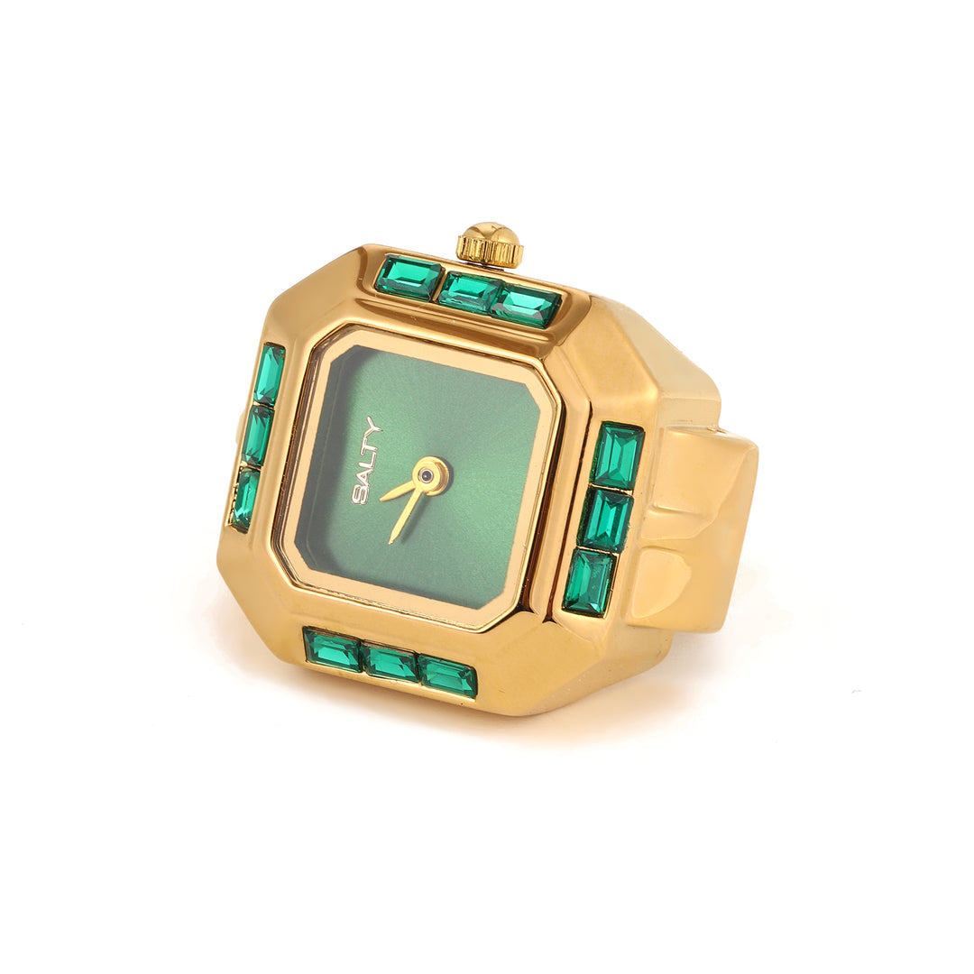 Sofia Prism Studded Octagon Watch Ring - Green