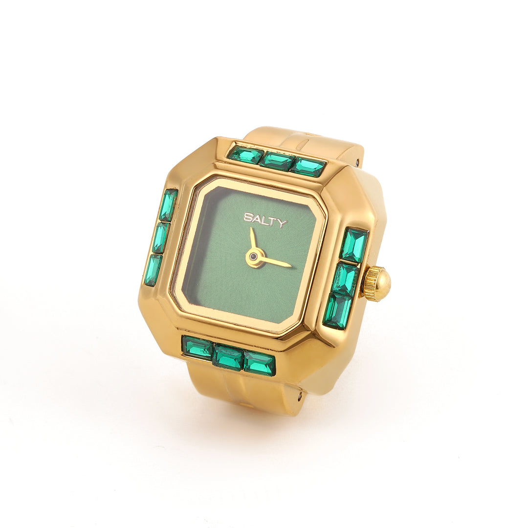 Sofia Prism Studded Octagon Watch Ring - Green