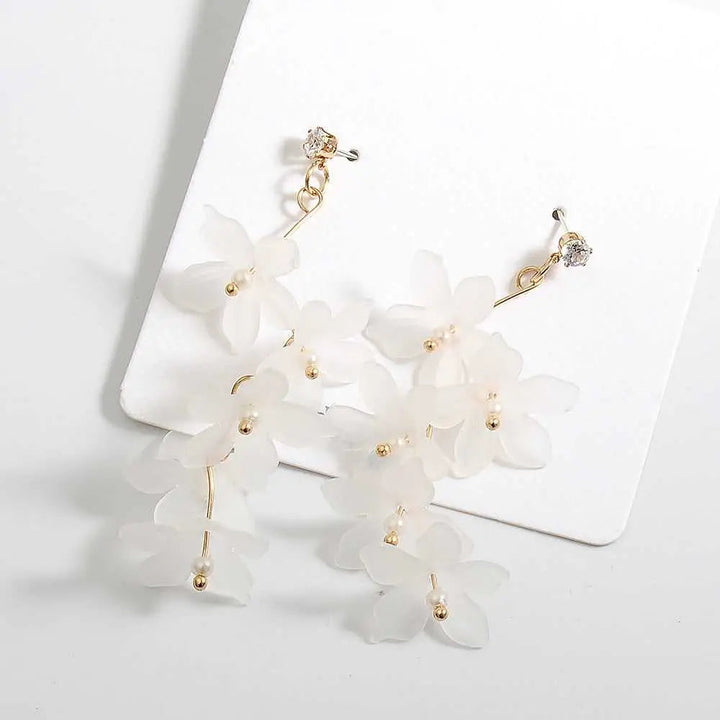 White Acrylic Periwinkle Flower Multiple Drop Earrings
