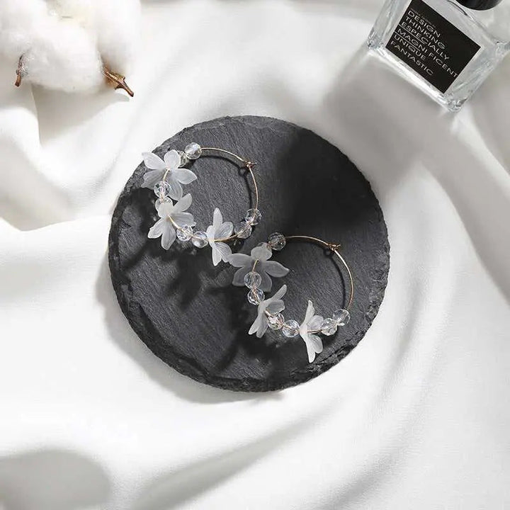 White Acrylic Periwinkle Multiple Flower Hoop Earrings