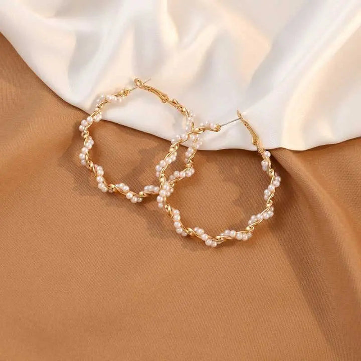 White Pearl Twisted Gold Hoop Earrings - Salty Accessories