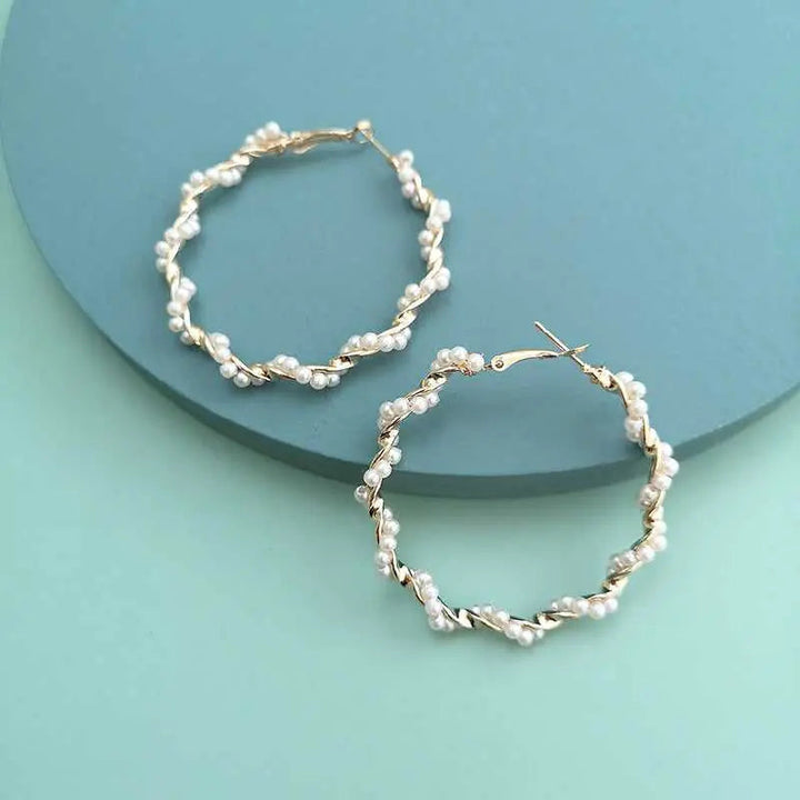 White Pearl Twisted Gold Hoop Earrings - Salty Accessories
