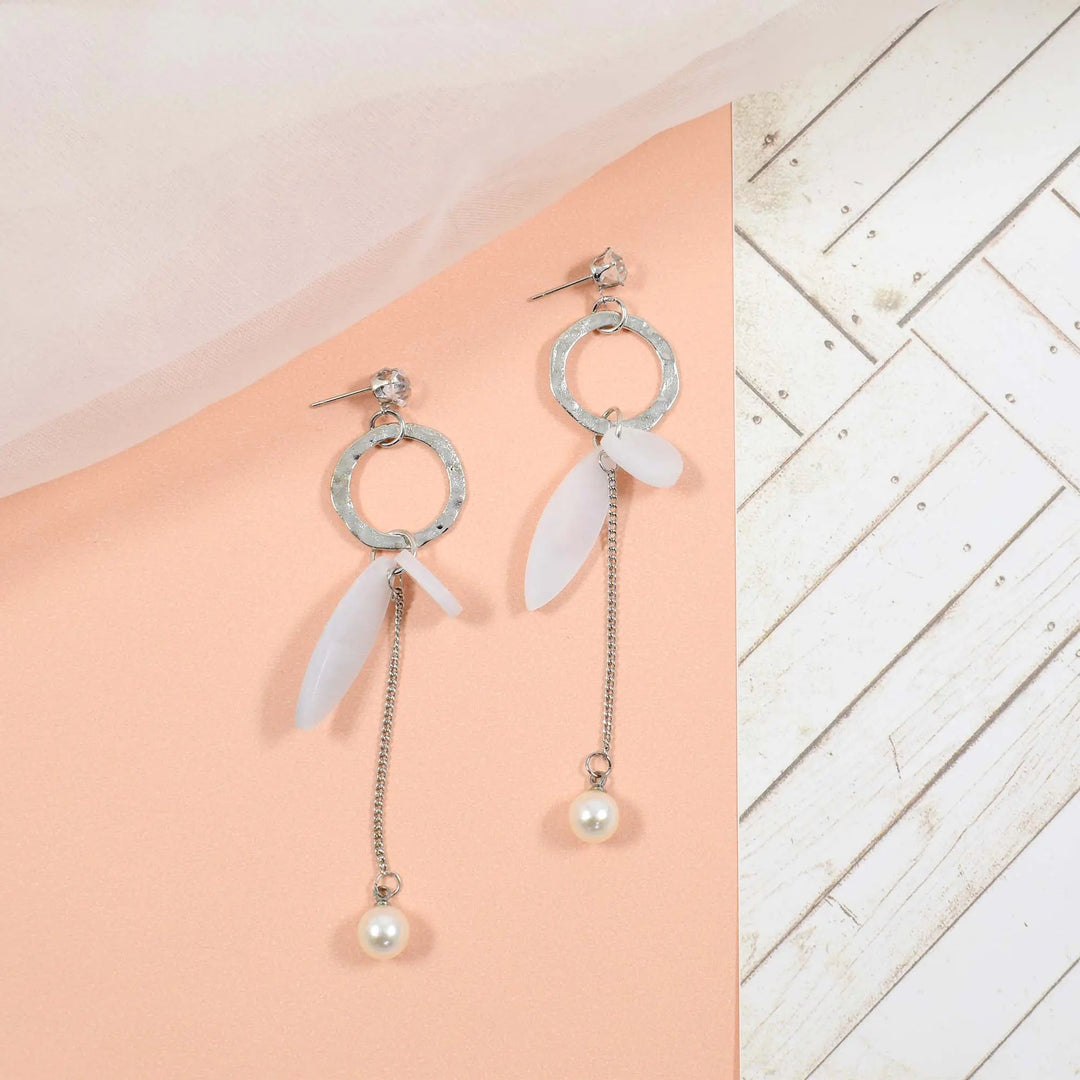 Windchime acrylic wings pearl drop silver earrings - Salty Accessories