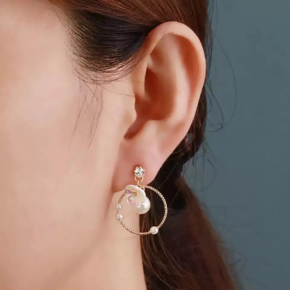 Wreath Hoop Flower Pearl Earrings