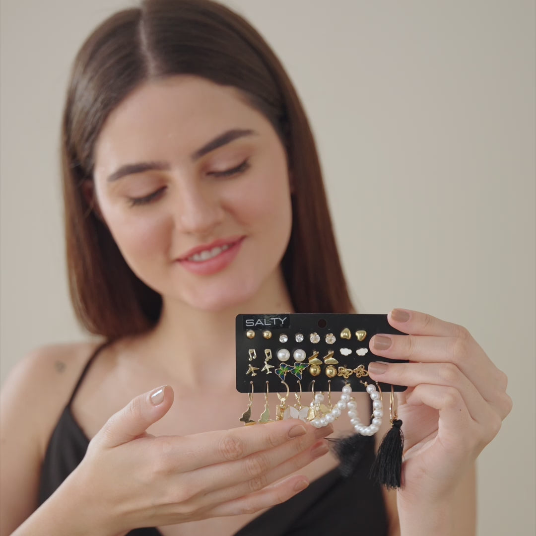 Set of 17 Bohemian Long Tassel Drop Statement Earrings and Studs - Salty Accessories