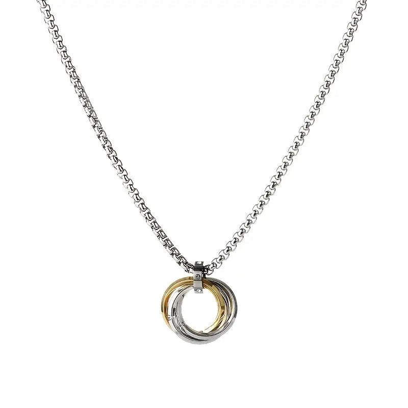 Unisex Set Of 2 Silver-Plated Tri-Ring Couple Pendant With Chains
