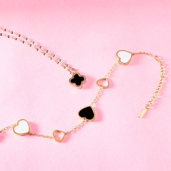 Midnight Hearts and Clover Necklace and Bracelet Combo