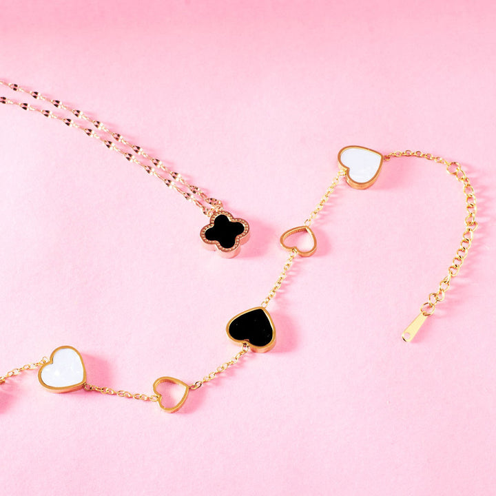 Midnight Hearts and Clover Necklace and Bracelet Combo