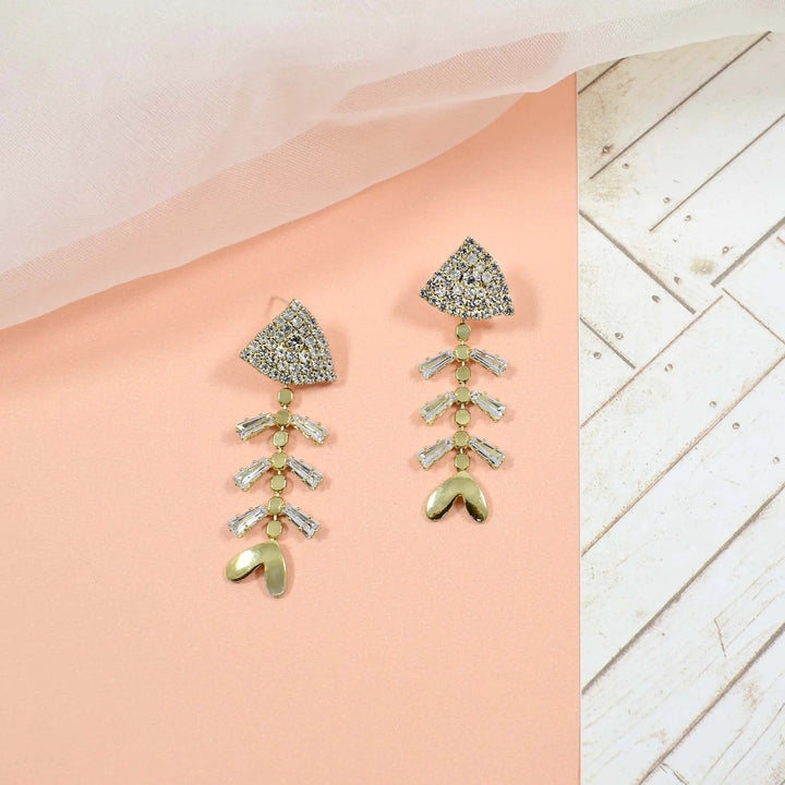 Crystal fishbone dangle gold earring - Salty Accessories
