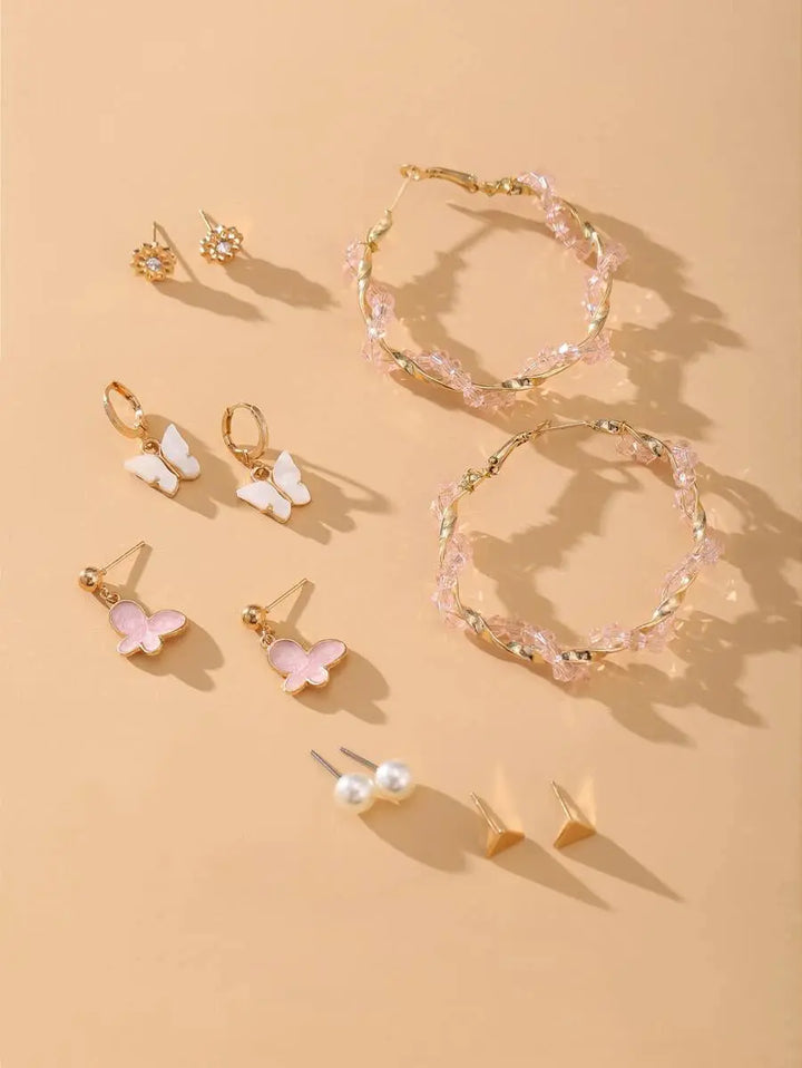 Set of 6 Pink Hoops and Butterfly Earrings and Studs