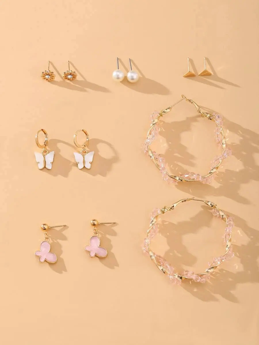Set of 6 Pink Hoops and Butterfly Earrings and Studs