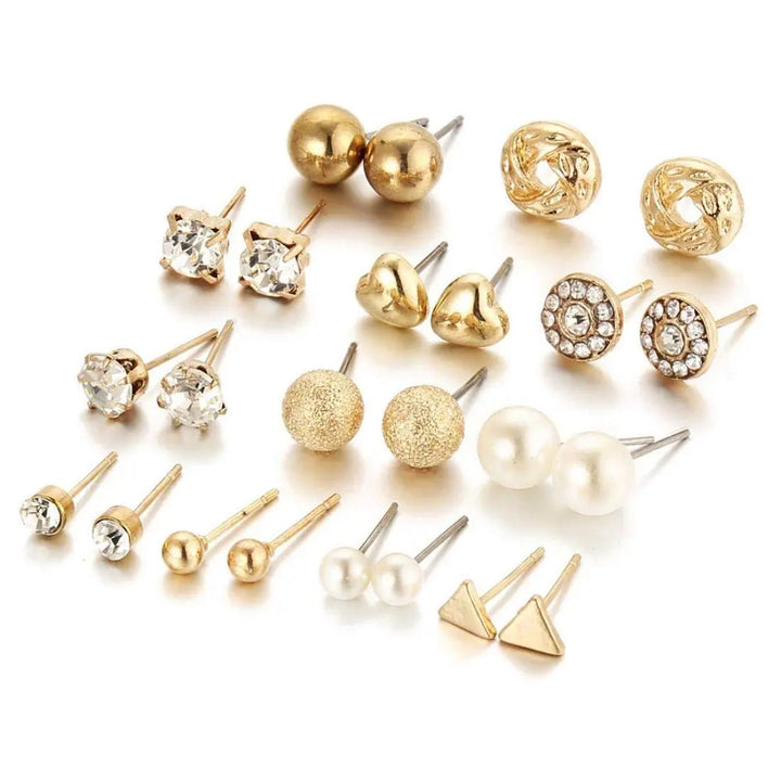 "All Things Gold" Diamond Triangle Heart Inlaid 12 Pairs Stud Earrings