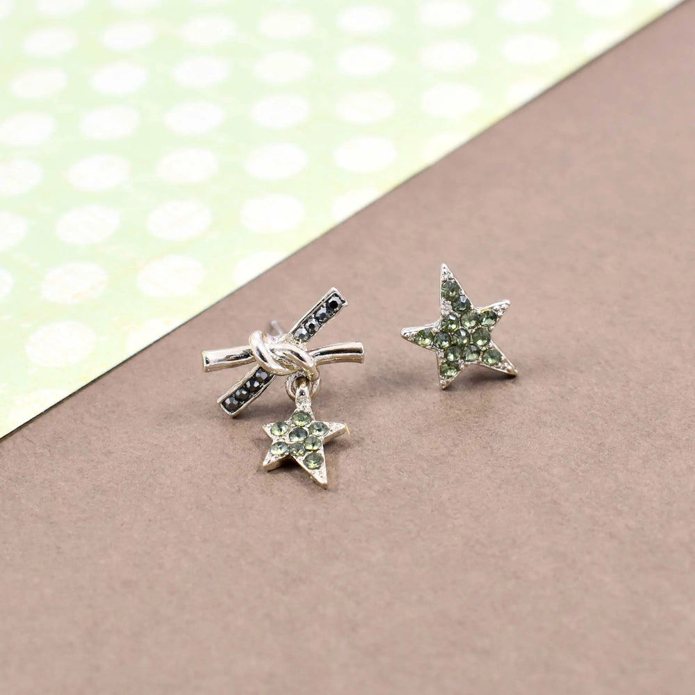 Asymmetric Midnight Green Studded Star Earrings