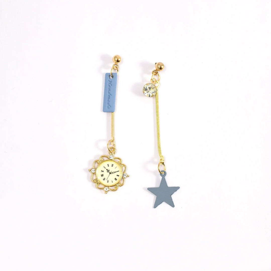 Asymmetrical Clock and Star Long Drop Earrings