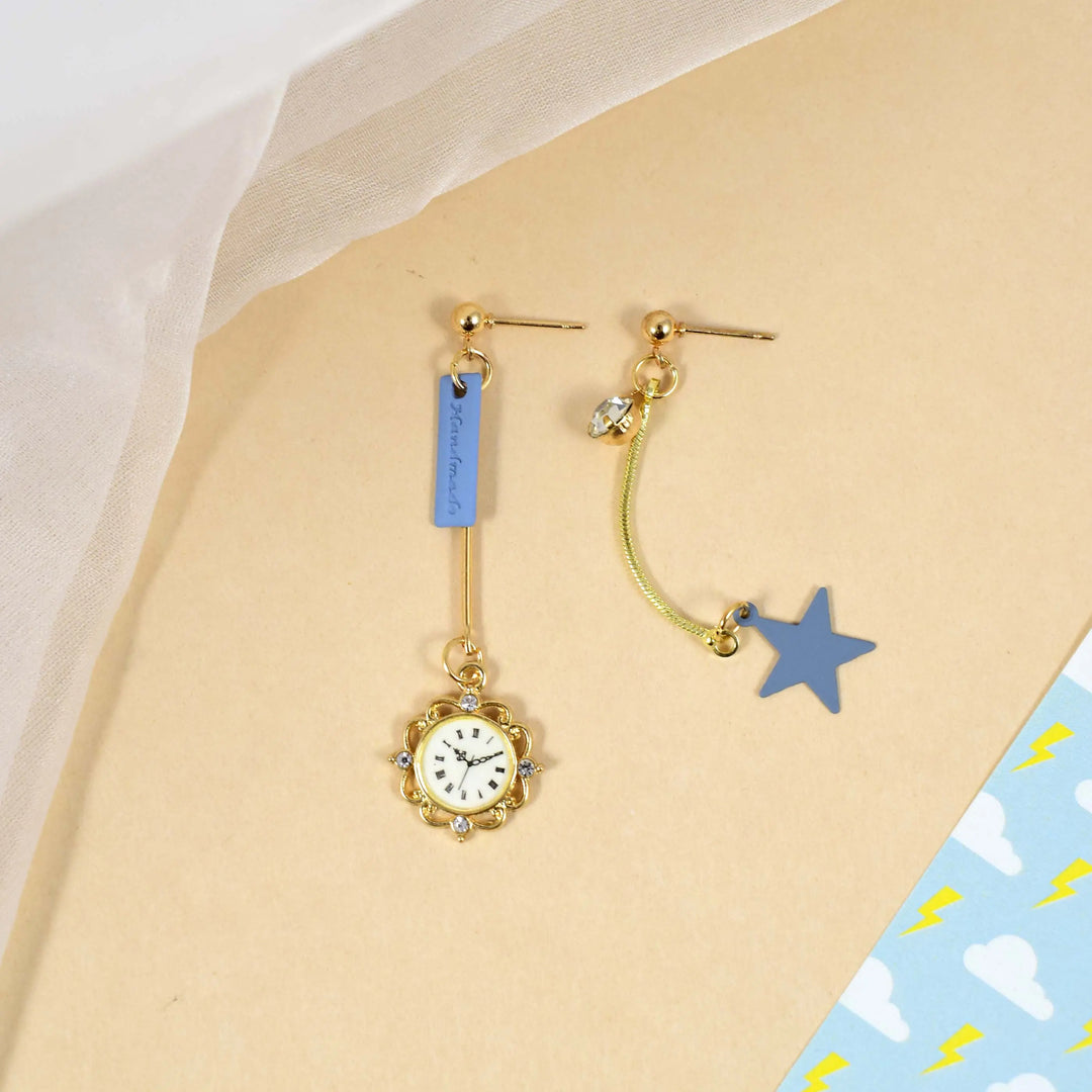 Asymmetrical Clock and Star Long Drop Earrings