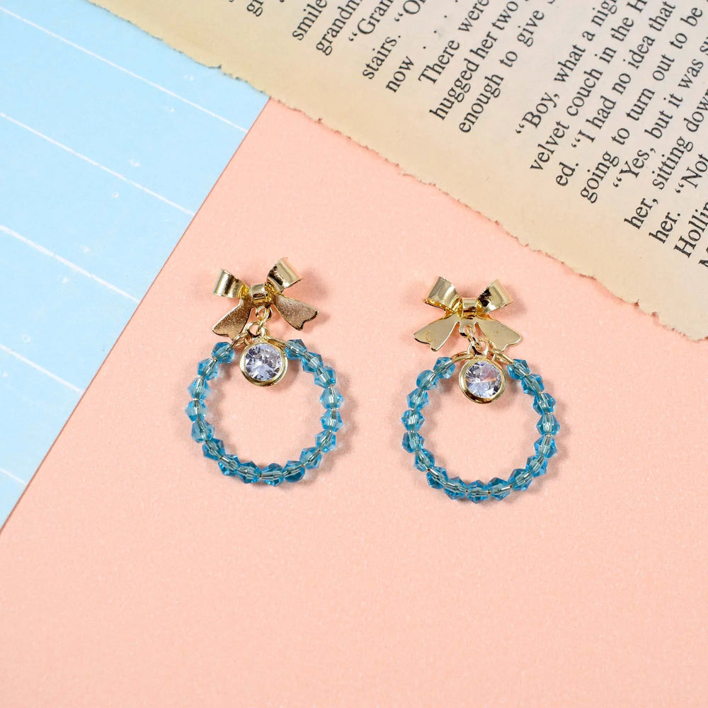 Beaded Aqua Crystal Bow Drop Earrings