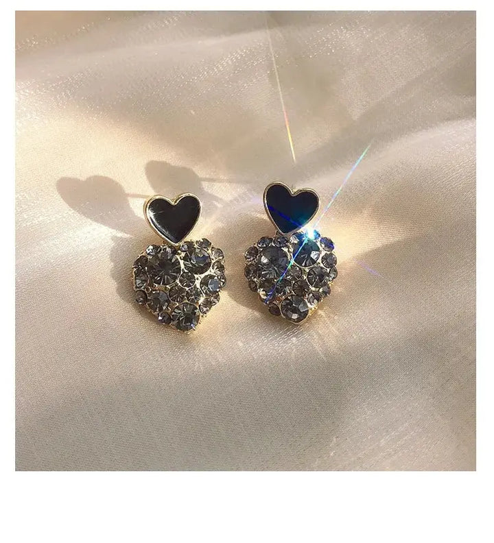 Black Double Heart Studded Drop In Trend Studs