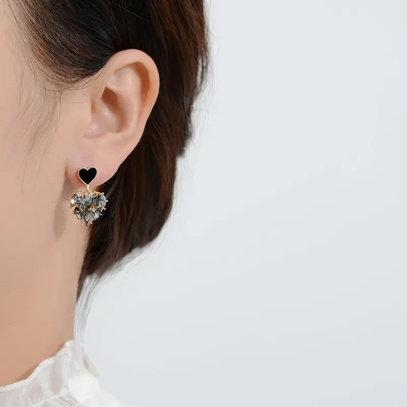 Black Double Heart Studded Drop In Trend Studs