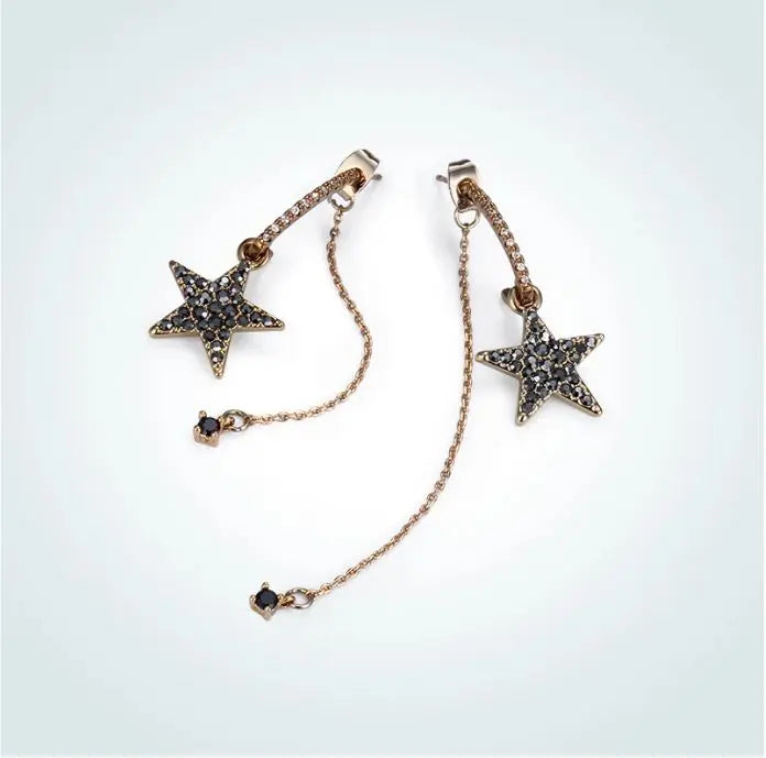 Curved Black Star Studded Tassel Earrings