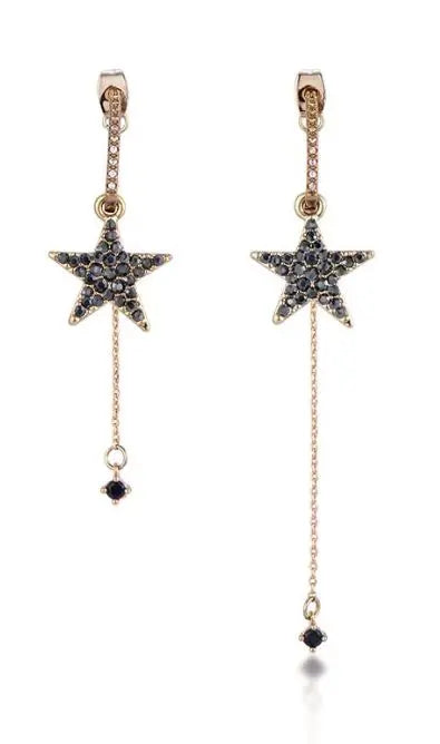 Curved Black Star Studded Tassel Earrings