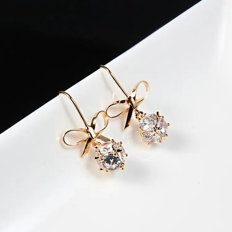 Bling Stone Bow Earrings - Gold