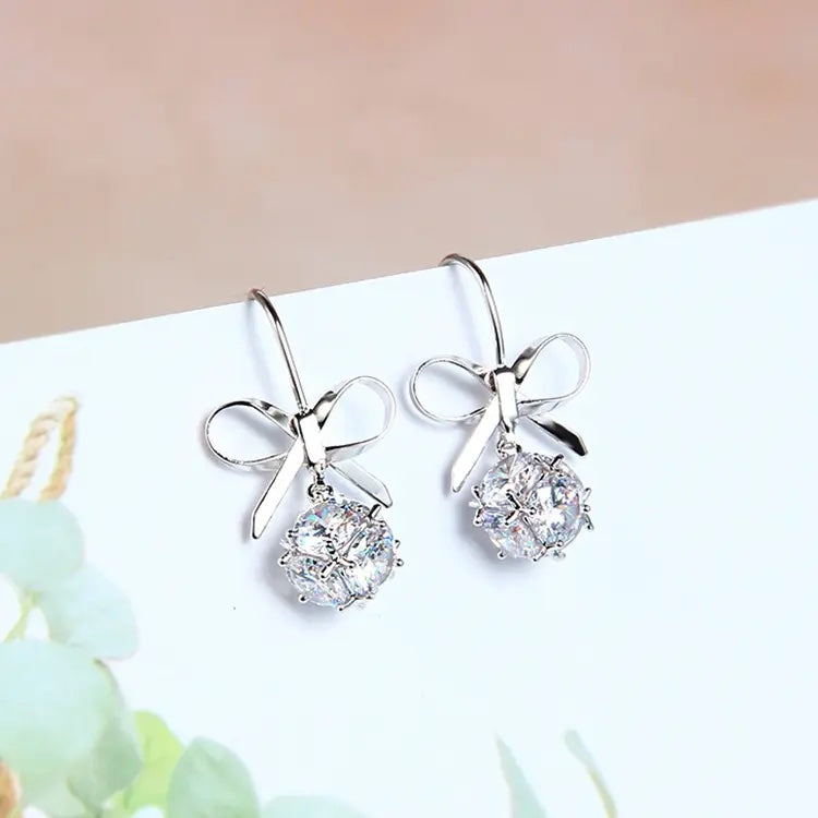 Bling Stone Bow Earrings - Silver