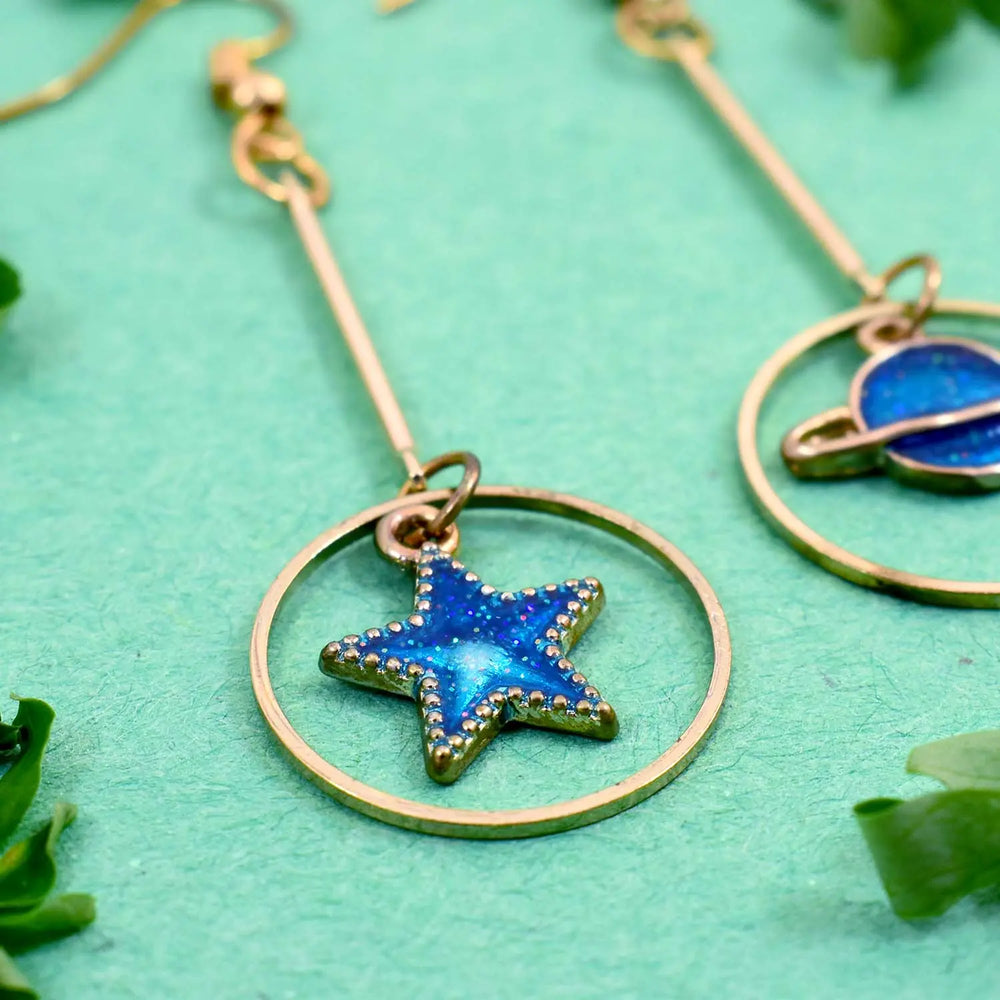 Blue Star Planet Dangle Hoop Earrings