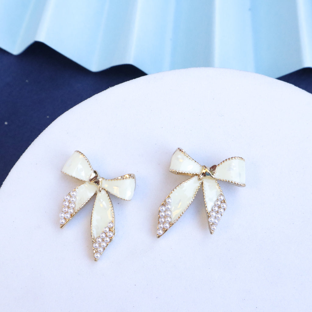 Beaded Rhinestone Bow Drop Earrings