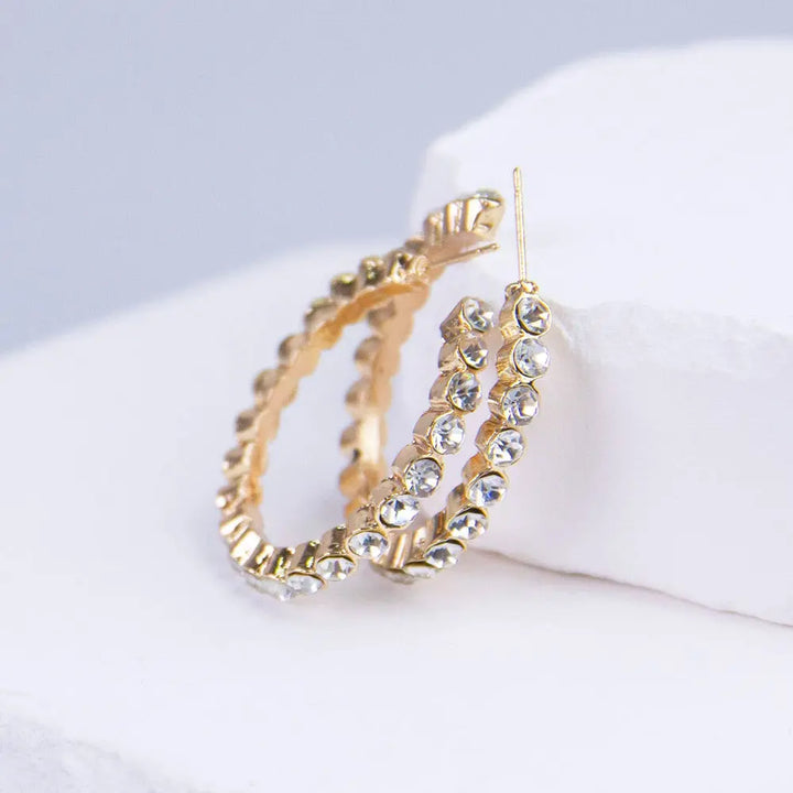 Crystal Zirconia Open Hoop Gold Plated Brim Earrings