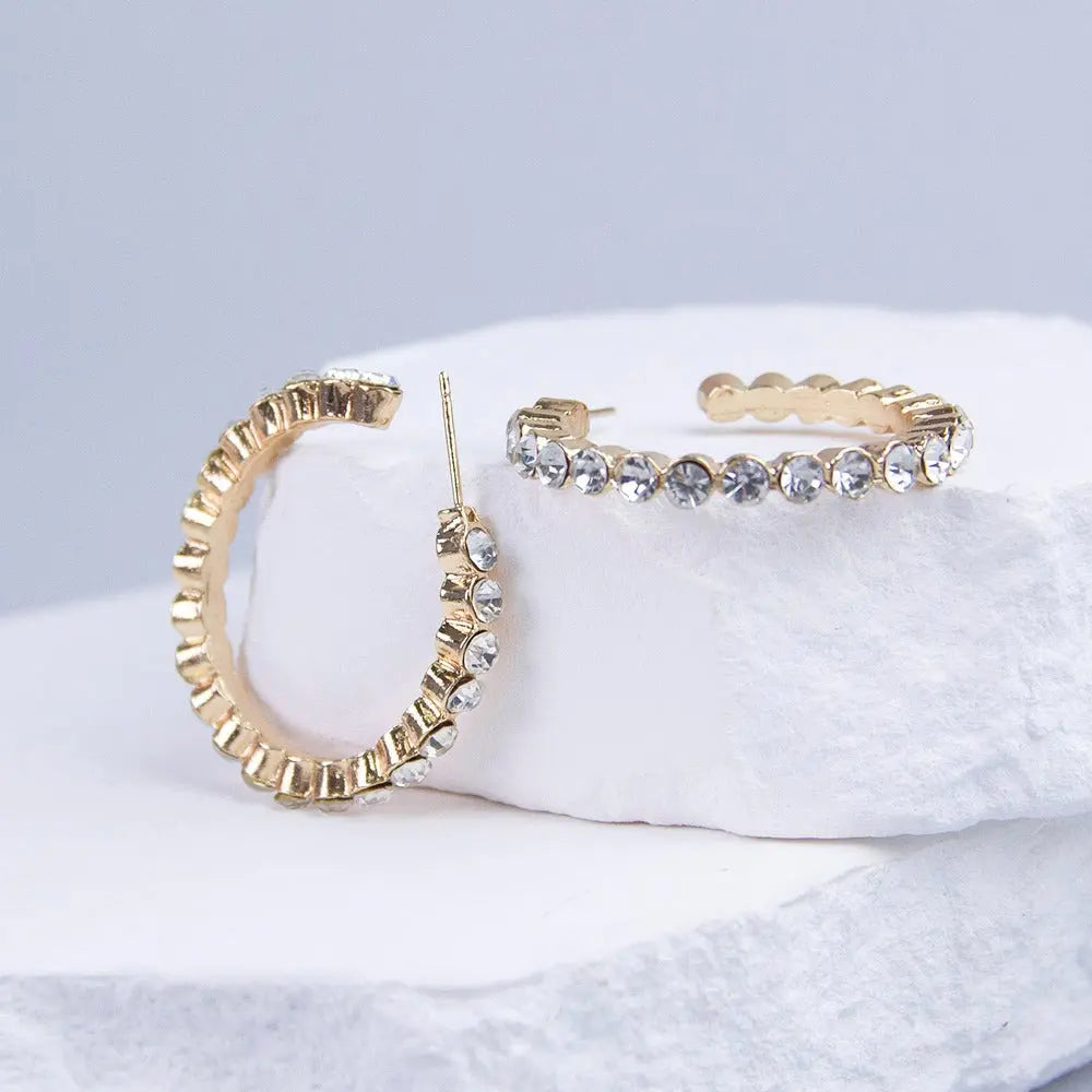 Crystal Zirconia Open Hoop Gold Plated Brim Earrings